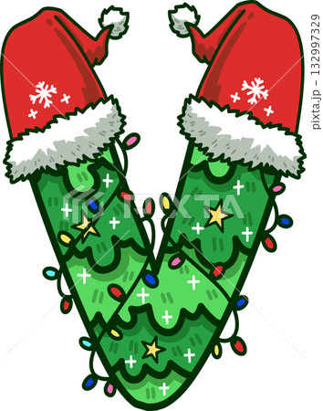 Christmas Tree Uppercase Alphabet V with Santa Hat and Christmas Light Christmas Tree Uppercase Alphabet V with Santa Hat and Christmas Light 132997329