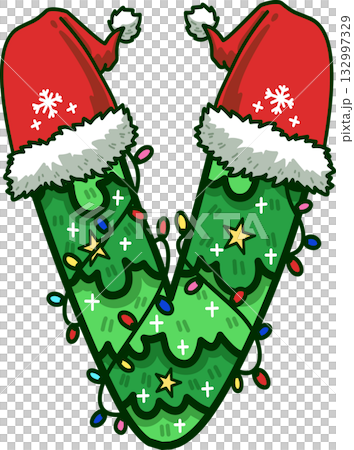 Christmas Tree Uppercase Alphabet V with Santa Hat and Christmas Light 132997329