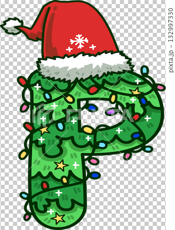Christmas Tree Uppercase Alphabet P with Santa Hat and Christmas Light 132997330