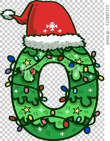 Christmas Tree Uppercase Alphabet O with Santa Hat and Christmas Light 132997372