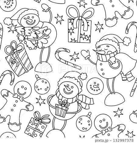 Cute Christmas coloring page. Seamless pattern with gifts and snowmen. Vector illustration, outline Cute Christmas coloring page. Seamless pattern with gifts and snowmen. Vector illustration, outline 132997378