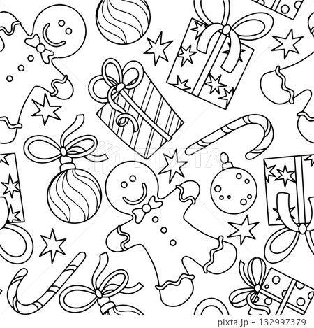 Cute Christmas coloring page. Seamless pattern with gifts and decorations. Vector illustration, outline 132997379