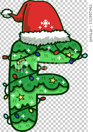 Christmas Tree Uppercase Alphabet F with Santa Hat and Christmas Light 132997462