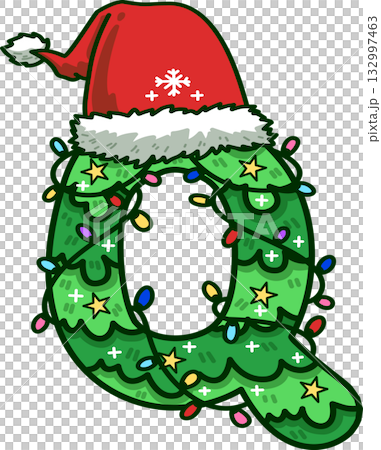 Christmas Tree Uppercase Alphabet Q with Santa Hat and Christmas Light 132997463