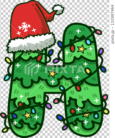 Christmas Tree Uppercase Alphabet H with Santa Hat and Christmas Light Christmas Tree Uppercase Alphabet H with Santa Hat and Christmas Light 132997464