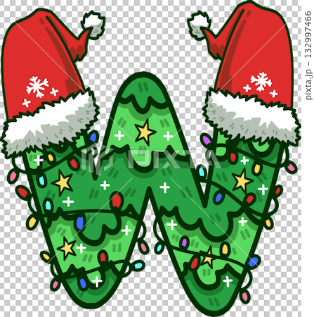 Christmas Tree Uppercase Alphabet W with Santa Hat and Christmas Light Christmas Tree Uppercase Alphabet W with Santa Hat and Christmas Light 132997466