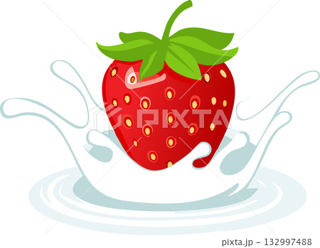 Fresh red strawberry splashing into creamy milk creating a smooth and refreshing scene Fresh red strawberry splashing into creamy milk creating a smooth and refreshing scene 132997488