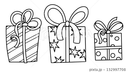 Cute Christmas coloring page. Set of gift boxes. Vector illustration in doodle style. 132997708