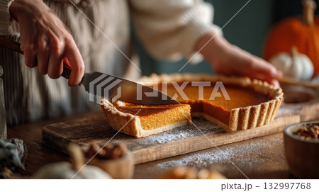 Person slicing a freshly baked pumpkin pie 132997768