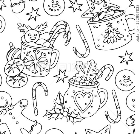 Cute Christmas coloring page. Seamless pattern with hot chocolate and gingerbread cookies. Vector illustration, outline 132997838