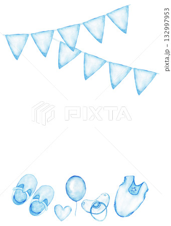 Blue gender reveal party card with flags and baby items for celebration design. Vertical template for baby shower, baptism, boy or girl party. Watercolor illustration. Copy space. Isolated. Hand drawn Blue gender reveal party card with flags and baby items for celebration design. Vertical template for baby shower, baptism, boy or girl party. Watercolor illustration. Copy space. Isolated. Hand drawn 132997953
