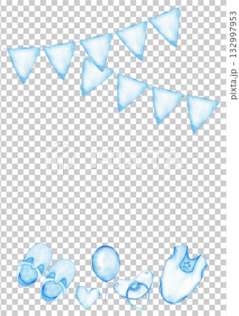 Blue gender reveal party card with flags and baby items for celebration design. Vertical template for baby shower, baptism, boy or girl party. Watercolor illustration. Copy space. Isolated. Hand drawn Blue gender reveal party card with flags and baby items for celebration design. Vertical template for baby shower, baptism, boy or girl party. Watercolor illustration. Copy space. Isolated. Hand drawn 132997953