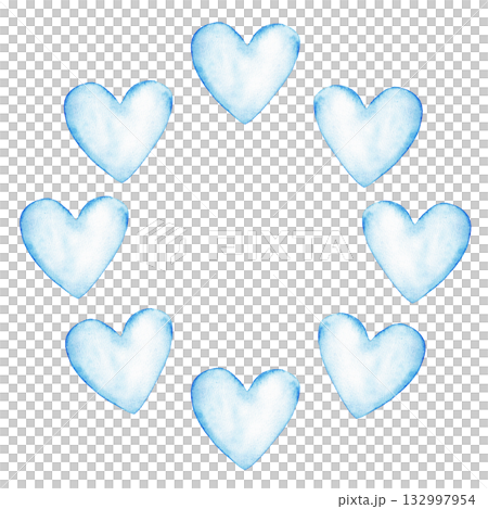 Blue heart wreath design for gender reveal party. Round template for baby shower, baptism, boy or girl party. Watercolor illustration. Copy space. Hand drawn. Isolated. For invitation, card Blue heart wreath design for gender reveal party. Round template for baby shower, baptism, boy or girl party. Watercolor illustration. Copy space. Hand drawn. Isolated. For invitation, card 132997954