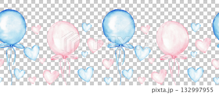 Pastel heart and balloon border for celebrations, invitations, and designs. Seamless border for baby shower, baptism, boy or girl party. Hand drawn. Isolated. Watercolor illustration for card, banner Pastel heart and balloon border for celebrations, invitations, and designs. Seamless border for baby shower, baptism, boy or girl party. Hand drawn. Isolated. Watercolor illustration for card, banner 132997955