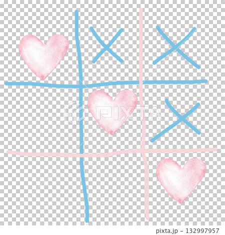 Fun gender reveal party concept with pink hearts in noughts and crosses game. Watercolor illustration for baby shower, baptism, boy or girl party. Copy space. Hand drawn. For card, banner. Isolated 132997957