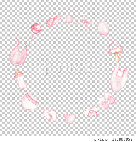 Pink themed round frame for gender reveal party decorations and invitations. Template made from accessories for newborns for baby shower, baptism, boy or girl party. Watercolor illustration Copy space Pink themed round frame for gender reveal party decorations and invitations. Template made from accessories for newborns for baby shower, baptism, boy or girl party. Watercolor illustration Copy space 132997958