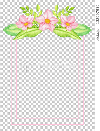 Floral pink frame design for gender reveal party invitations and decor. Vertical template for baby shower, baptism, boy or girl party. Watercolor illustration. Copy space. Hand drawn. Isolated 132997959