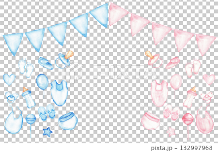 Gender reveal party horizontal banner with blue and pink decorations for event design. Template for baby shower, baptism, boy or girl party. Watercolor illustration. Isolated. Hand drawn. Copy space 132997968