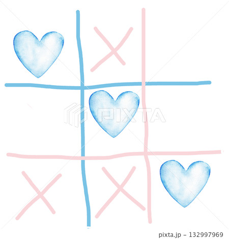 Gender reveal party concept with blue hearts and noughts and crosses design. Watercolor illustration for baby shower, baptism, boy or girl party. Copy space. Hand drawn. For card, invitation. Isolated Gender reveal party concept with blue hearts and noughts and crosses design. Watercolor illustration for baby shower, baptism, boy or girl party. Copy space. Hand drawn. For card, invitation. Isolated 132997969