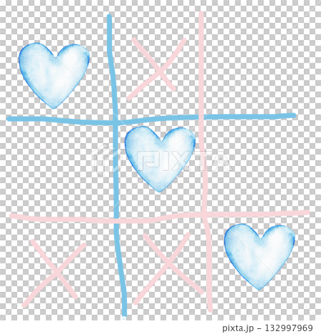 Gender reveal party concept with blue hearts and noughts and crosses design. Watercolor illustration for baby shower, baptism, boy or girl party. Copy space. Hand drawn. For card, invitation. Isolated Gender reveal party concept with blue hearts and noughts and crosses design. Watercolor illustration for baby shower, baptism, boy or girl party. Copy space. Hand drawn. For card, invitation. Isolated 132997969