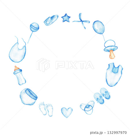 Blue round frame for gender reveal party celebration and baby shower design. Template made from accessories for newborns for baby shower, baptism, boy or girl party. Watercolor illustration Copy space 132997970