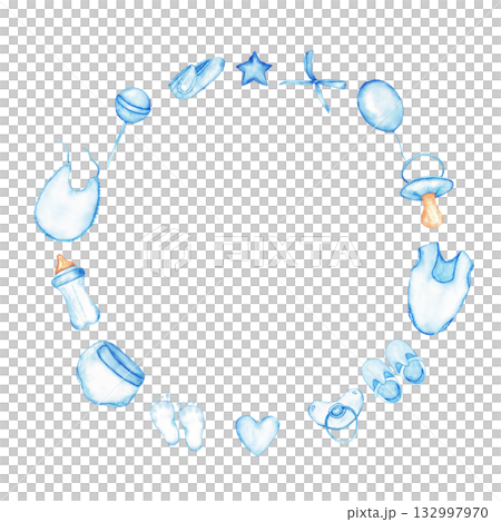 Blue round frame for gender reveal party celebration and baby shower design. Template made from accessories for newborns for baby shower, baptism, boy or girl party. Watercolor illustration Copy space 132997970