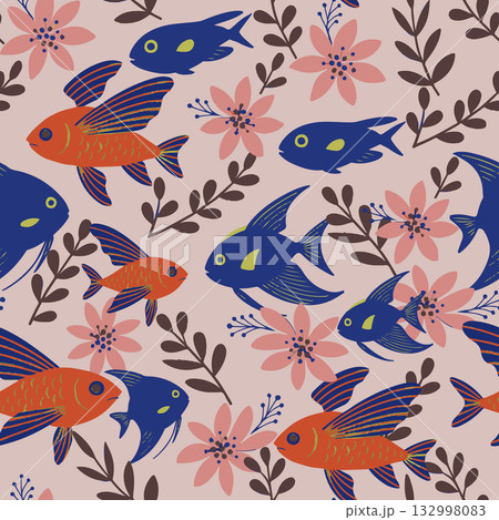 Vector Underwater World Kid or Child Seamless Pattern with Lantern fish and Flying fish with abelia flowers. Vector illustration 132998083