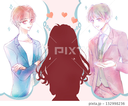 ふたりの男性を想像する女性　恋愛　シルエット 132998236