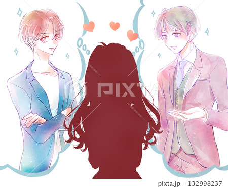 ふたりの男性を想像する女性　恋愛　シルエット 132998237