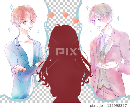 ふたりの男性を想像する女性　恋愛　シルエット 132998237