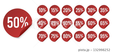 Red promotion sticker badges showing different discount prices from 10 to 95 percent, designed for shopping marketing, clearance sales, and advertising campaigns, encouraging customers to save money. Red promotion sticker badges showing different discount prices from 10 to 95 percent, designed for shopping marketing, clearance sales, and advertising campaigns, encouraging customers to save money. 132998252