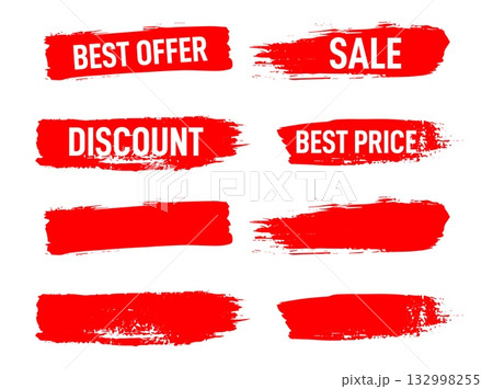 brush stroke sale stickers, tags, and banners designed for promotion media. Ideal for marketing campaigns, best offers, discounts, and price advertising projects. 132998255