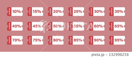 A collection of coupon icons representing discounts from 10 to 95 . Perfect for promotions, sales, vouchers, and marketing projects, highlighting special offers and savings for retail and shopping A collection of coupon icons representing discounts from 10 to 95 . Perfect for promotions, sales, vouchers, and marketing projects, highlighting special offers and savings for retail and shopping 132998258