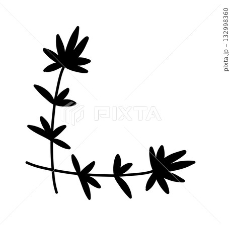 Simple hand-drawn floral corner element, black vector doodle with leaves and buds, perfect for decorative design accents. 132998360