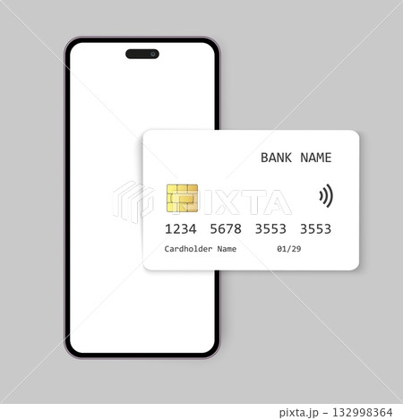 Realistic smartphone with blank screen and credit card mockup. Perfect for mobile banking, online payment, finance apps, fintech design, and digital transactions. 132998364