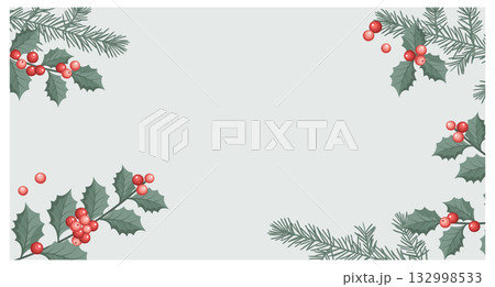 Christmas background with holly berry and fir branches. Winter festive frame. 132998533
