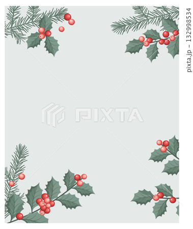 Christmas background with holly berry and fir branches. Winter festive frame. 132998534
