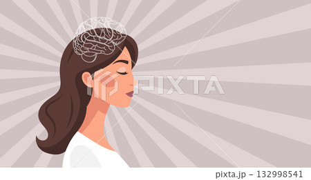 Woman with a brain above her head. Psychology, mental health, clarity. Illustration for therapeutic posters, wellness. Woman with a brain above her head. Psychology, mental health, clarity. Illustration for therapeutic posters, wellness. 132998541