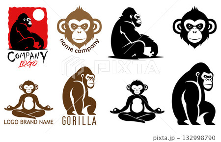 monkey gorilla chimpanzee logo creative and original for your business or company set logotype cartoon stock color and black and white vector illustration 132998790