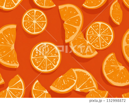 A bright, seamless pattern featuring abstract and stylized orange slices, halves, and leaves scattered across a vibrant orange background. A bright, seamless pattern featuring abstract and stylized orange slices, halves, and leaves scattered across a vibrant orange background. 132998872