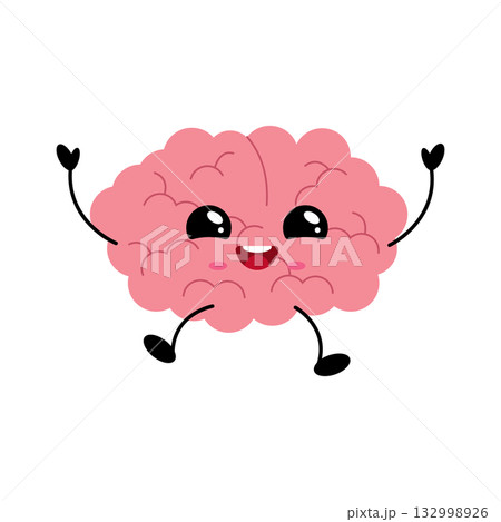 Cute pink kawaii brain character jumping with joy 132998926