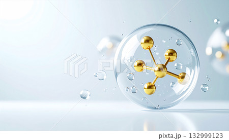 金色の分子構造を閉じ込めた透明バブル　ナノ技術と高級美容成分をイメージした3D背景素材 132999123