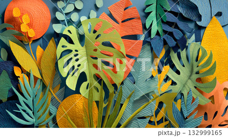 A vibrant, densely packed pattern of overlapping tropical leaves in a cut-paper style, featuring bold colors like orange, yellow, and teal against a dark background. 132999165