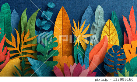A vibrant, densely packed pattern of overlapping tropical leaves in a cut-paper style, featuring bold colors like orange, yellow, and teal against a dark background. 132999166