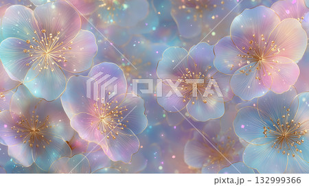 幻想的に輝くパステルカラーの桜の花　金のラインが繊細に光る高級感のある春のフローラル背景 132999366