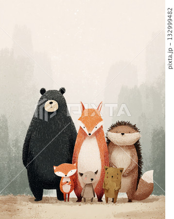 A watercolor style illustration of a large group of cute woodland animals including a bear, fox, and several small creatures peering out from lush, soft green foliage. 132999482