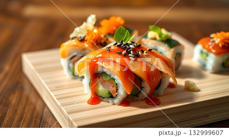Fresh Japanese salmon sushi rolls, a gourmet seafood meal or appetizer on a white plate. 132999607