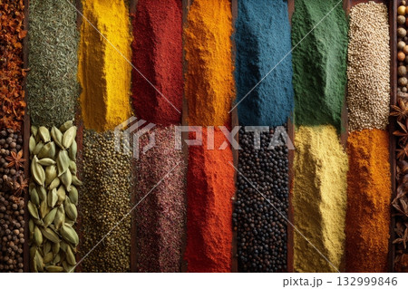 Vibrant Display of Various Spices Arranged in Colorful Rows on a Wooden Surface 132999846