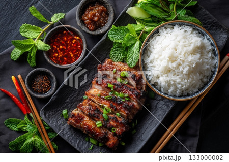Delicious Grilled Meat Served With Bok Choy and Rice in a Beautiful Arrangement. Details matter. 133000002
