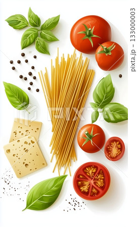 Fresh Ingredients for a Delightful Italian Pasta Dish With Tomatoes and Basil 133000003